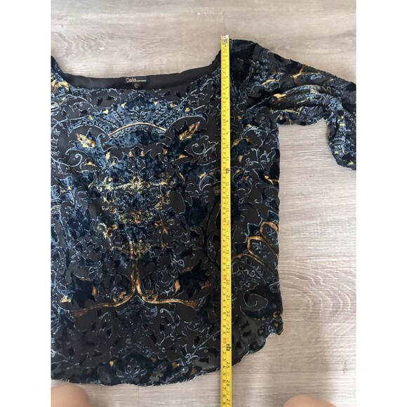 Off Shoulder Burnout Velvet Witchy Whimsigoth Gypsy Boho Top Black Blue Gold L - Picture 9 of 11